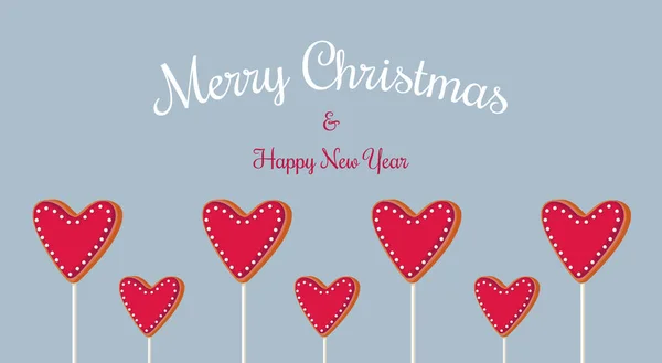 Mutlu Noeller ve mutlu yeni yıl tebrik kartları ve mavi arka planda zencefilli kurabiye. Kırmızı kremalı ve beyaz tozlu zencefilli kurabiye. Kış Xmas dekorasyon illüstrasyonu.