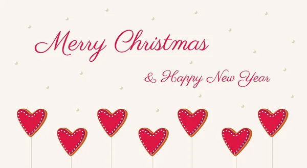 Mutlu Noeller ve beyaz arka planda zencefilli kurabiyeli yeni yıl tebrik kartı. Kırmızı kremalı ve beyaz tozlu zencefilli kurabiye. Kış Xmas dekorasyon illüstrasyonu.