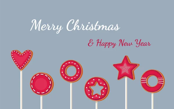 Mutlu Noeller ve mutlu yeni yıl tebrik kartları ve mavi arka planda zencefilli kurabiye. Kırmızı kremalı ve beyaz tozlu zencefilli kurabiye. Kış Xmas dekorasyon illüstrasyonu.