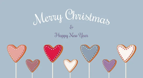Mutlu Noeller ve mutlu yeni yıl tebrik kartları ve mavi arka planda zencefilli kurabiye. Renkli kremalı ve beyaz tozlu zencefilli kurabiye. Kış Xmas dekorasyon illüstrasyonu.