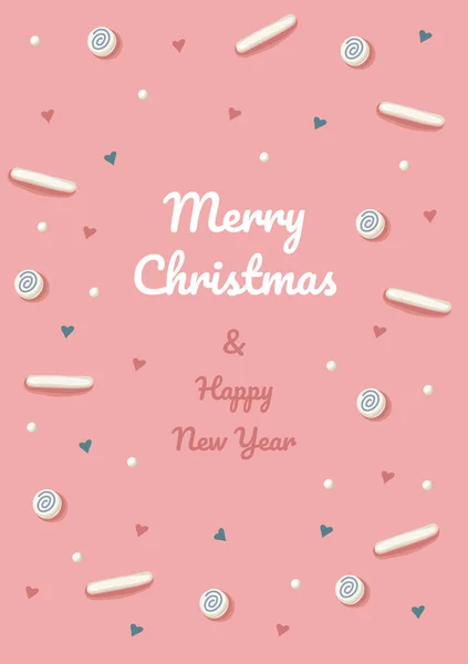 Mutlu Noeller ve pembe arka planda tatlılar, karlar ve kalplerle dolu yeni yıl tebrik kartı. Vektör tatil illüstrasyonu. Kış Xmas dekorasyon illüstrasyonu.