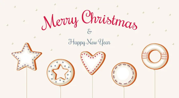 Mutlu Noeller ve beyaz arka planda zencefilli kurabiyeli yeni yıl tebrik kartı. Beyaz kremalı zencefilli kurabiye ve renkli pudra. Kış Xmas dekorasyon illüstrasyonu.