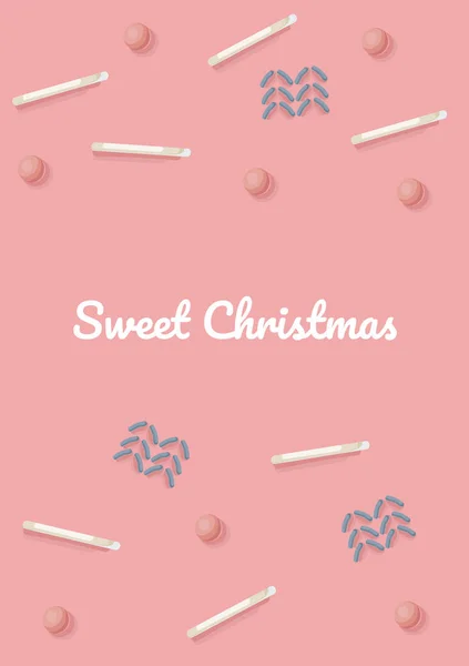 Pembe arka planda tatlılar olan tatlı Noel tebrik kartı. Pembe arka planda mavi, beyaz ve pembe tatlılar. Vektör tatil illüstrasyonu. Kış Xmas dekorasyon illüstrasyonu.