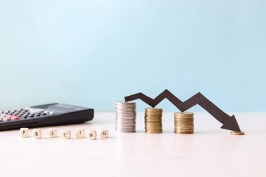 Ön plandaki küplerden, bulanık paralardan ve hesap makinesinden bir araya getirilen kelime fiyatlandırması. Kopyalama alanı - ekonomi, para, alışveriş, kriz kavramı