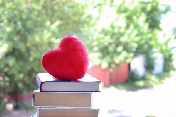 Red, soft heart on a stack of books on a background of defocused foliage of trees. Copy space - concept of education, child development, back to school, knowledge, homework, lessons