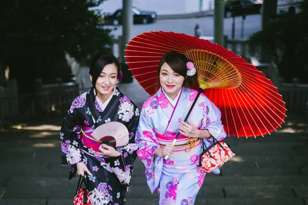 Дві Красиві Дівчата Традиційним Платтям Йде Відкритому Повітрі — стокове фото