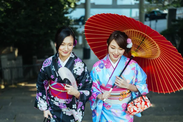 Two Beautiful Girls Traditional Dress Walking Outdoors — Stock Photo, Image