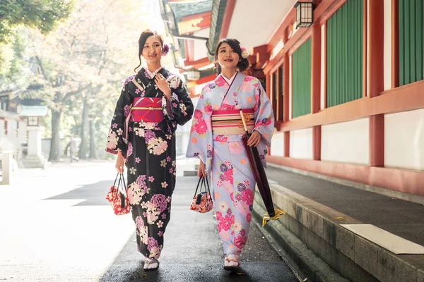 Dua Gadis Cantik Dengan Gaun Tradisional Berjalan Luar Ruangan — Stok Foto