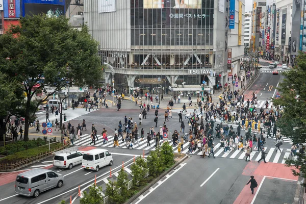 2017 渋谷の交差点で交通 Shibuyatokyo のスクランブル交差点はナイトライフやビジネス渋谷の東京の有名なランドマーク — ストック写真