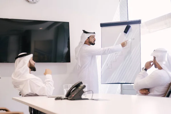 Homens Árabes Encontrando Falando Sobre Negócios Retrato Empresários Dubai — Fotografia de Stock