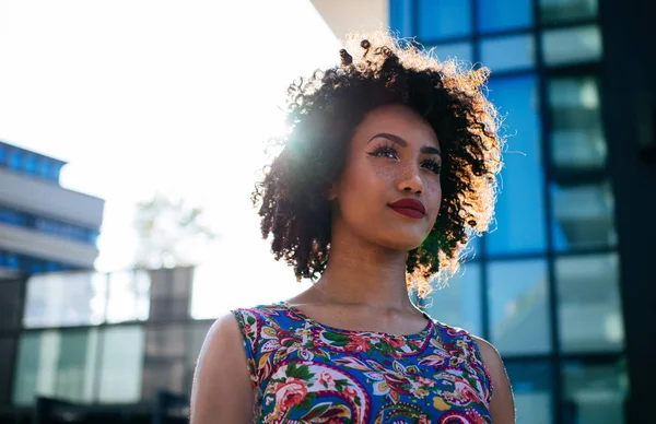 Beautiful Latin Woman Curly Hair Portrait Set City — Stock Photo, Image