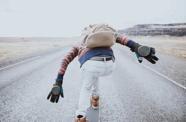 Skater Traveling Iceland His Longboard — Stock Photo, Image