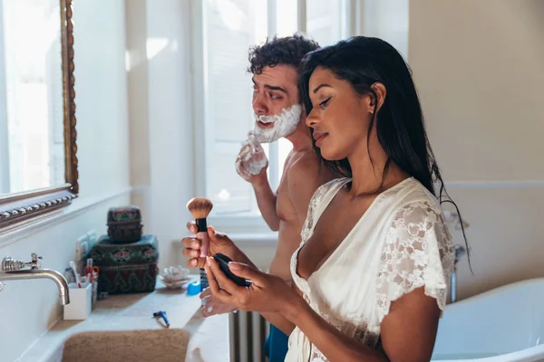 Couple Love Spending Time Together House Romantic Moments Bathroom — Stock Photo, Image