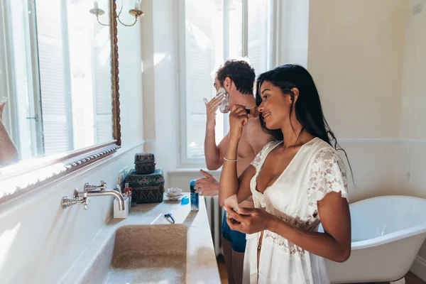 Couple Love Spending Time Together House Romantic Moments Bathroom — Stock Photo, Image