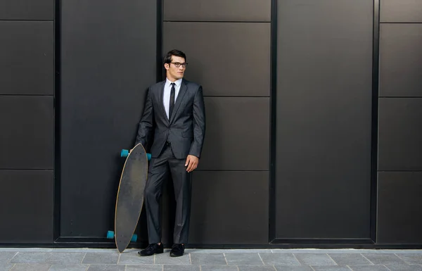 Handsome Young Business Man His Modern Longboard — Stock Photo, Image