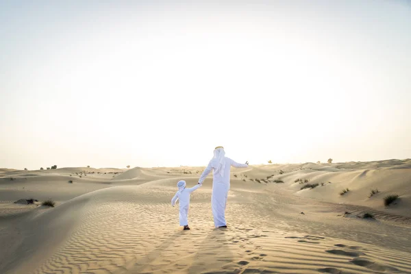 Happy Family Playing Desert Dubai Playful Father His Son Having — Stock Photo, Image