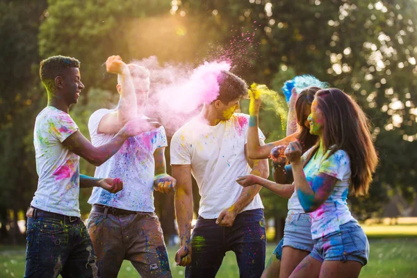 Grup Prieteni Fericiți Care Joacă Culori Holi Într Parc Adulții — Fotografie, imagine de stoc