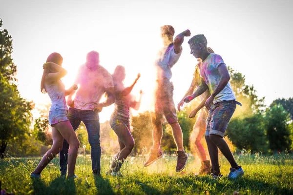 Grupo Amigos Felices Jugando Con Colores Holi Parque Adultos Jóvenes — Foto de Stock