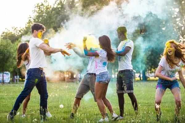 Gruppe Lykkelige Venner Som Leker Med Holifarger Park Unge Voksne – stockfoto