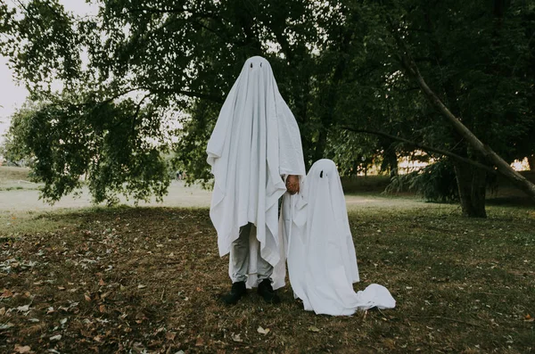 Father Son Playing Ghosts White Sheets Garden Conceptual Photos Halloween — Stock Photo, Image