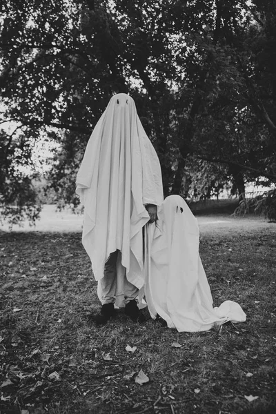 Father Son Playing Ghosts White Sheets Garden Conceptual Photos Halloween — Stock Photo, Image