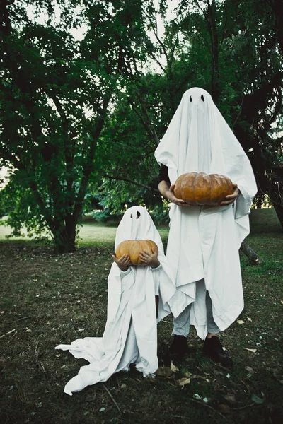 Father Son Playing Ghosts White Sheets Garden Conceptual Photos Halloween — Stock Photo, Image