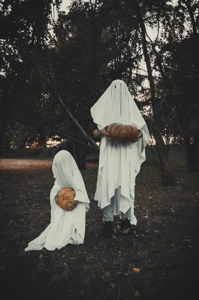 Father Son Playing Ghosts White Sheets Garden Conceptual Photos Halloween — Stock Photo, Image