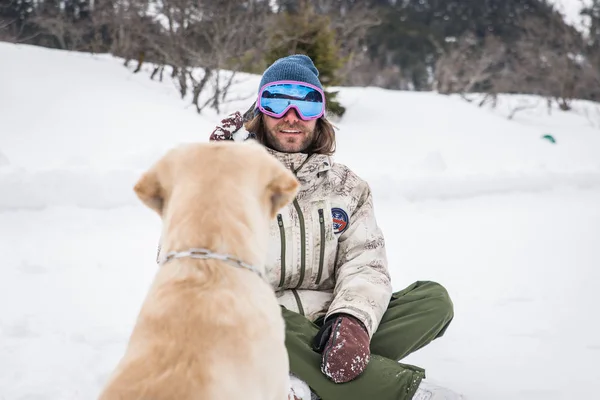 Owner His Dog Playing Snow Young Adult Man Having Fun — Stock Photo, Image