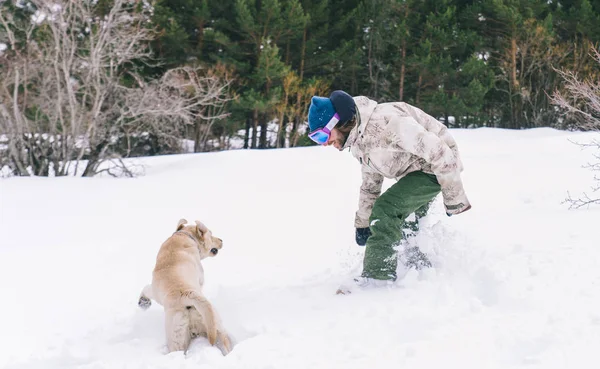 Propietario Perro Jugando Nieve Joven Adulto Divirtiéndose Con Leal Labrador — Foto de Stock