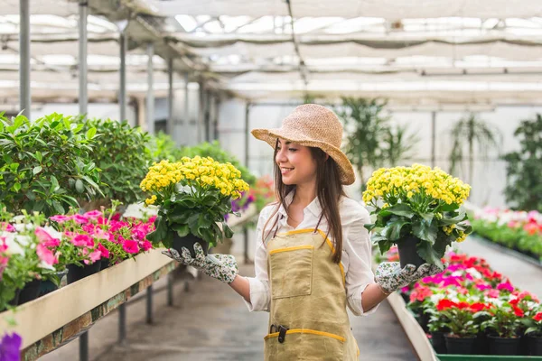 Bonita Jardinera Cuidando Plantas Tienda Flores Plantas Mujer Asiática Trabajando —  Fotos de Stock