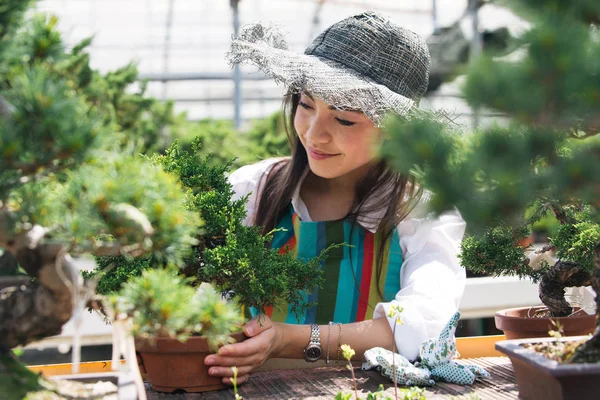 Bonita Jardinera Cuidando Plantas Tienda Flores Plantas Mujer Asiática Trabajando —  Fotos de Stock