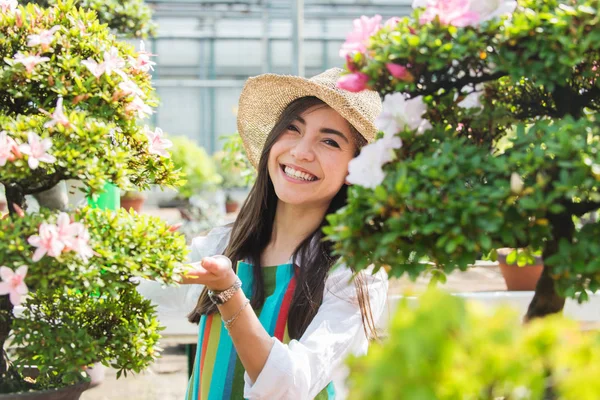 漂亮的女性园丁照顾植物在她的花卉商店 亚洲妇女在温室工作 — 图库照片