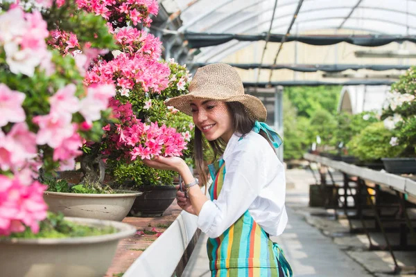 Hübsche Gärtnerin Pflegt Pflanzen Ihrem Blumengeschäft Asiatin Arbeitet Einem Gewächshaus — Stockfoto