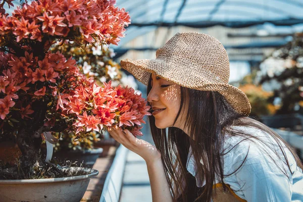 漂亮的女性园丁照顾植物在她的花卉商店 亚洲妇女在温室工作 — 图库照片