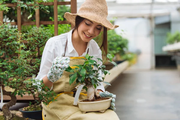 Bonita Jardinera Cuidando Plantas Tienda Flores Plantas Mujer Asiática Trabajando —  Fotos de Stock