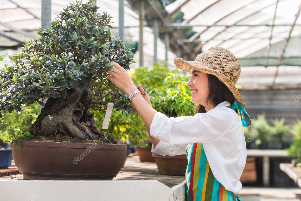 Pretty female gardener taking care of plants in her flowers and plants shop - Asian woman working in a greenhouse