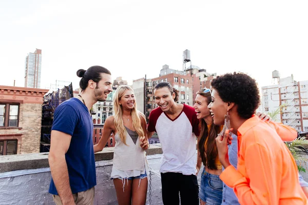 Groep Vrienden Samen Tijd Doorbrengen Een Dak New York City — Stockfoto