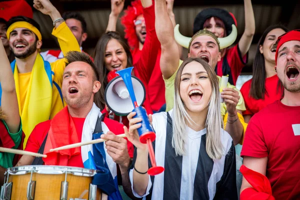 Football Supporters Stadium Football Fans Having Fun Looking Football Match — Stock Photo, Image