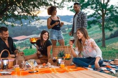 Piknik açık havada - eğleniyor ve ata barbacue parti bir kırsal kesimde ızgara kutluyor insanlar sahip genç mutlu arkadaş grubu