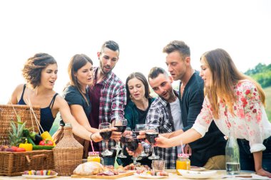 Piknik açık havada - eğleniyor ve ata barbacue parti bir kırsal kesimde ızgara kutluyor insanlar sahip genç mutlu arkadaş grubu