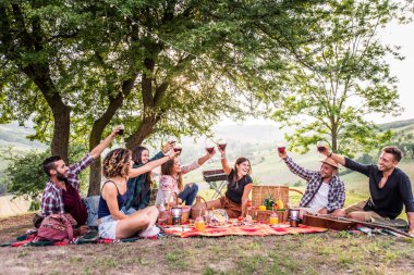 Piknik açık havada - eğleniyor ve ata barbacue parti bir kırsal kesimde ızgara kutluyor insanlar sahip genç mutlu arkadaş grubu