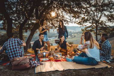 Piknik açık havada - eğleniyor ve ata barbacue parti bir kırsal kesimde ızgara kutluyor insanlar sahip genç mutlu arkadaş grubu