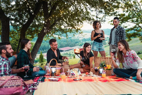 Skupina Mladých Šťastný Přátel Mají Piknik Venku Lidé Baví Slaví — Stock fotografie