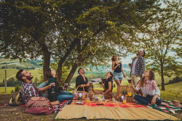 Skupina Mladých Šťastný Přátel Mají Piknik Venku Lidé Baví Slaví — Stock fotografie