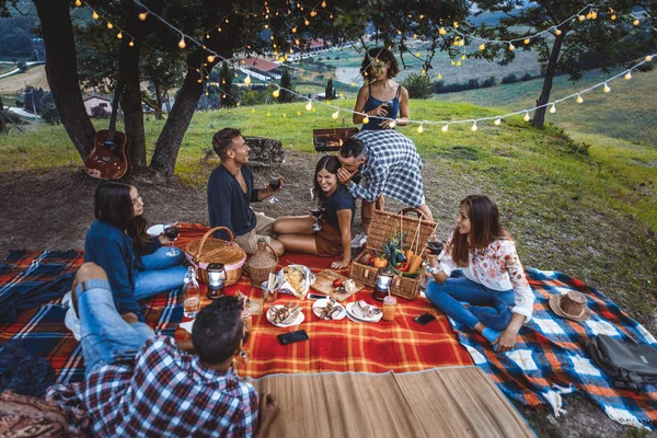 Groep Jonge Gelukkige Vrienden Met Pic Nic Openlucht Mensen Met — Stockfoto