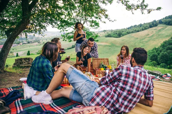 Группа Молодых Счастливых Друзей Имеющих Пикник Открытом Воздухе Люди Веселятся — стоковое фото