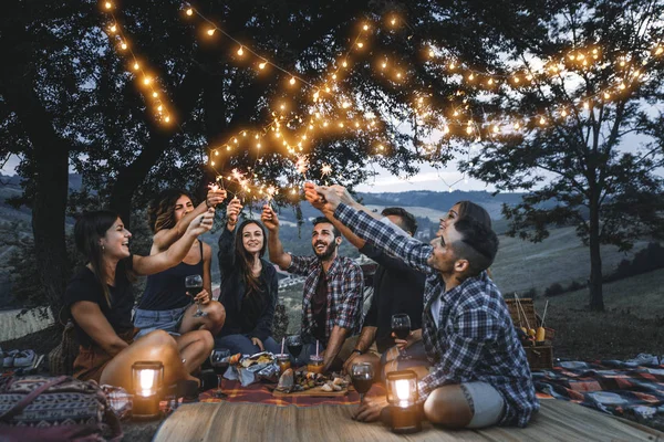 Grupp Vänner Att Göra Barbecue Natur Glada Människor Att Kul — Stockfoto