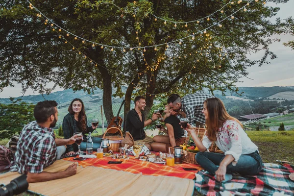 Grupo Jovens Amigos Felizes Ter Pic Nic Livre Pessoas Divertindo — Fotografia de Stock