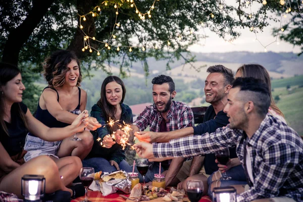 Grup Tineri Prieteni Fericiți Picnic Aer Liber Oameni Care Distrează — Fotografie, imagine de stoc