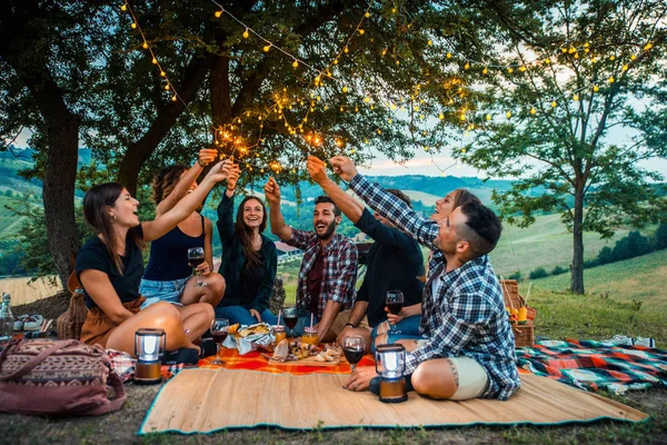 Grupo Jovens Amigos Felizes Ter Pic Nic Livre Pessoas Divertindo — Fotografia de Stock